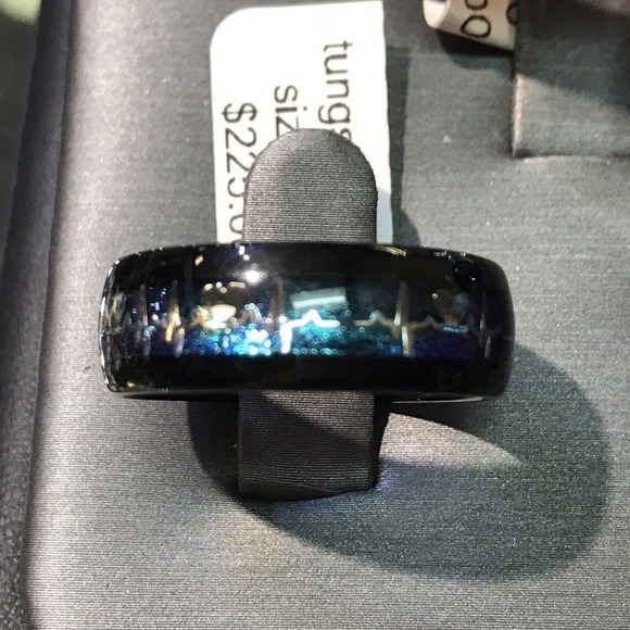 Mens Tungsten Ring Sz10.5 Black/Lab Created Opal Strip Unique Look New W Tags - Picture 1 of 3